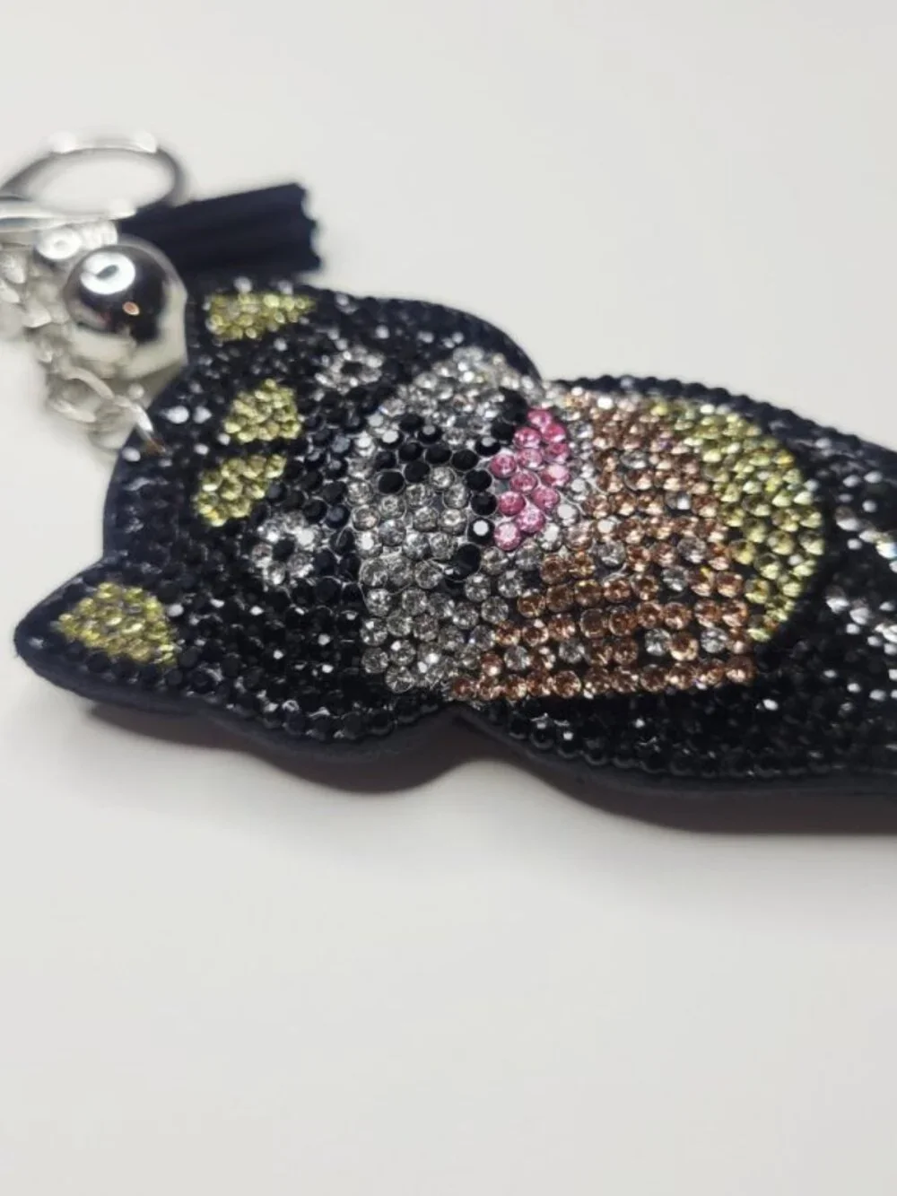 NWT Large Sparkly Puffy Black And Tan Husky Dog Keychain Bag Charm With Tassel